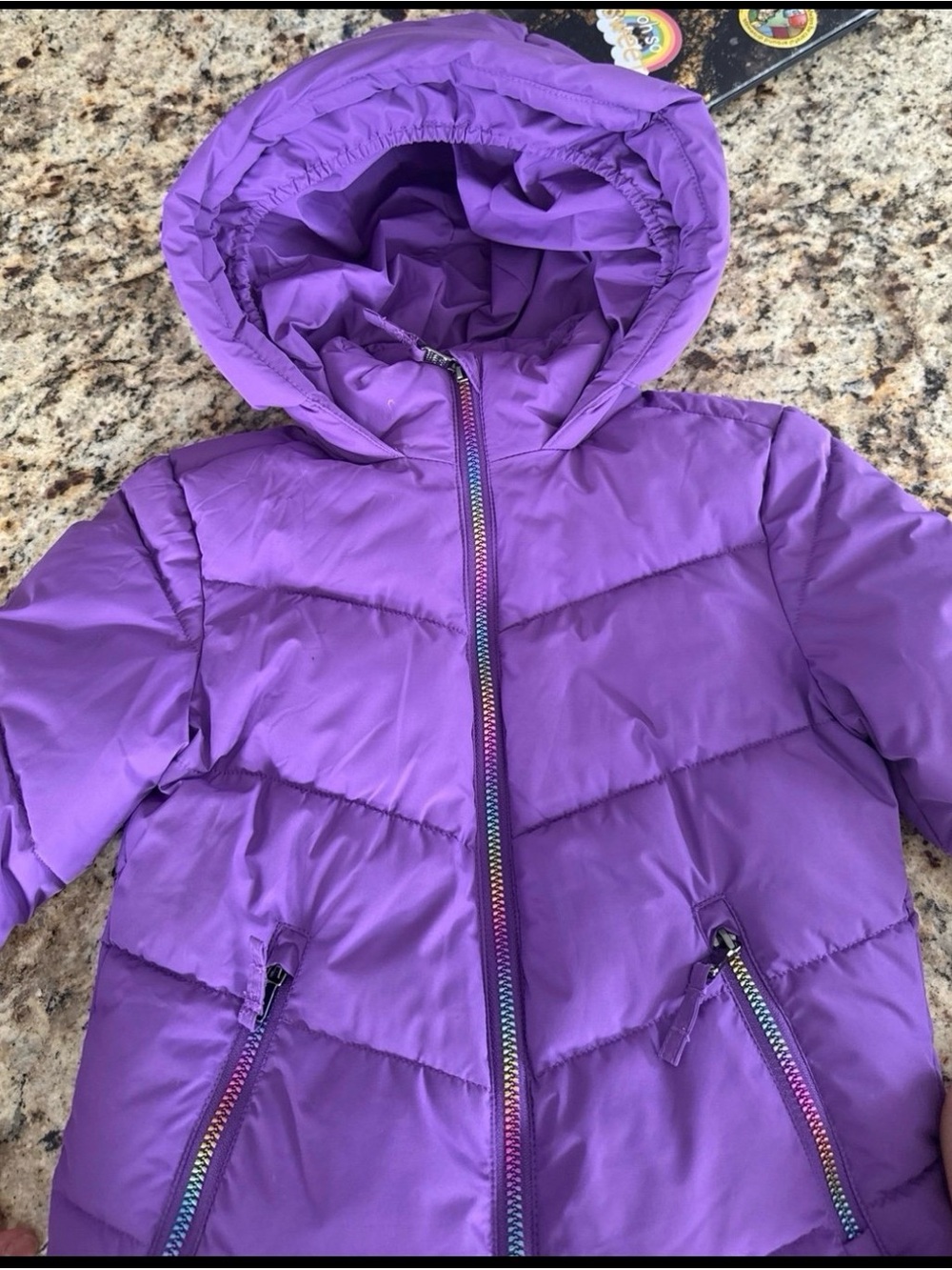 Children's Purple Hooded Puffer Jacket with Rainbow Zippers